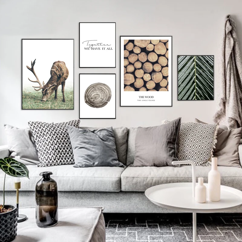 

Nordic Wall Art Canvas Painting Home Decor Mountain Landscape Animal Deer Picture Nature Wood Growth Ring Scandinavian Poster