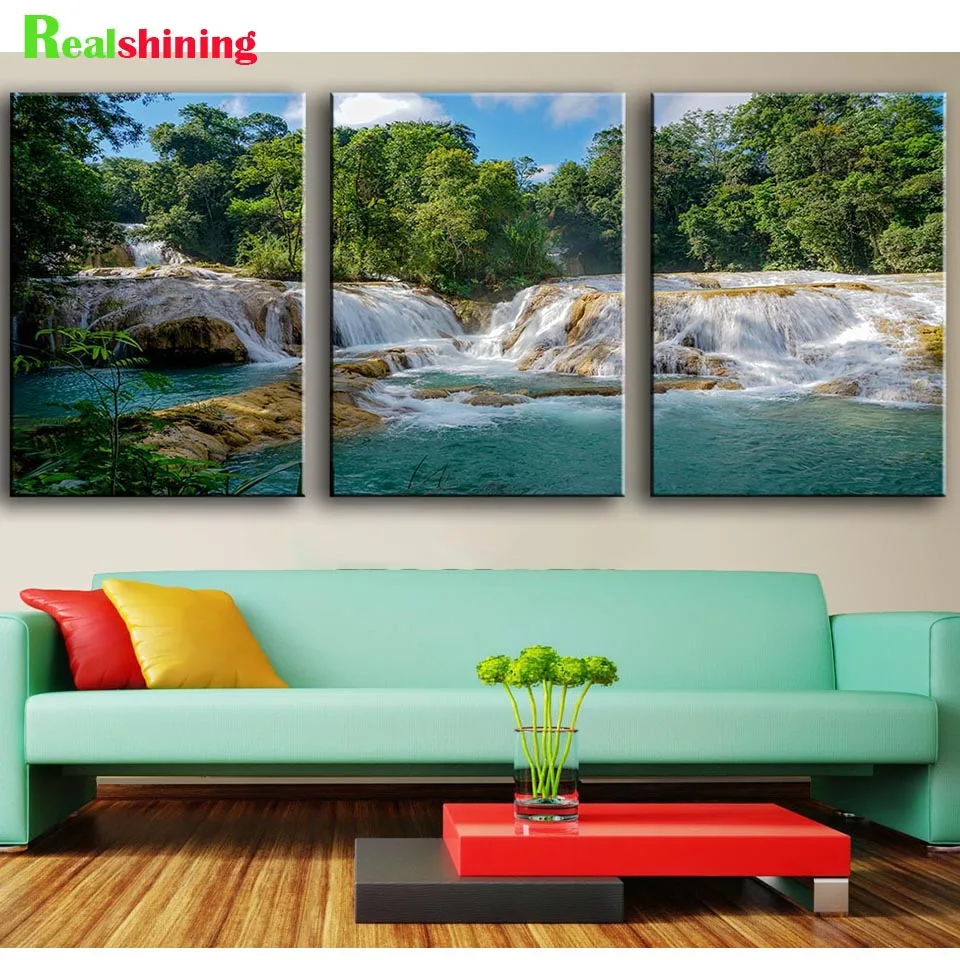 

3 Piece Waterfall Diamond Painting Cross Stitch kits Full square Round 5D Diy Diamond Embroidery Landscape diamond Mosaic,N2039