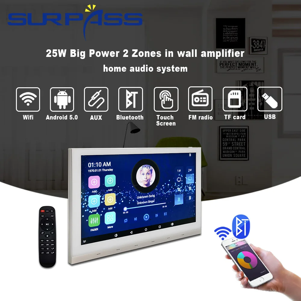 

In Wall Amplifier WiFi Audio Touch Screen Android 5.0 Smart BT Home Theater System 25W Power 2 Zones Stereo Sound RJ45 Fm