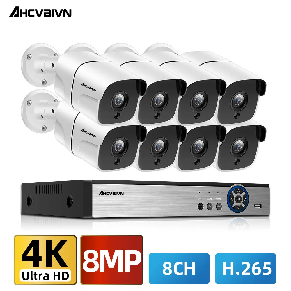 8MP IP Камера безопасности Системы 8CH DVR Kit охранного видеонаблюдения с 8 шт. AHD пуля