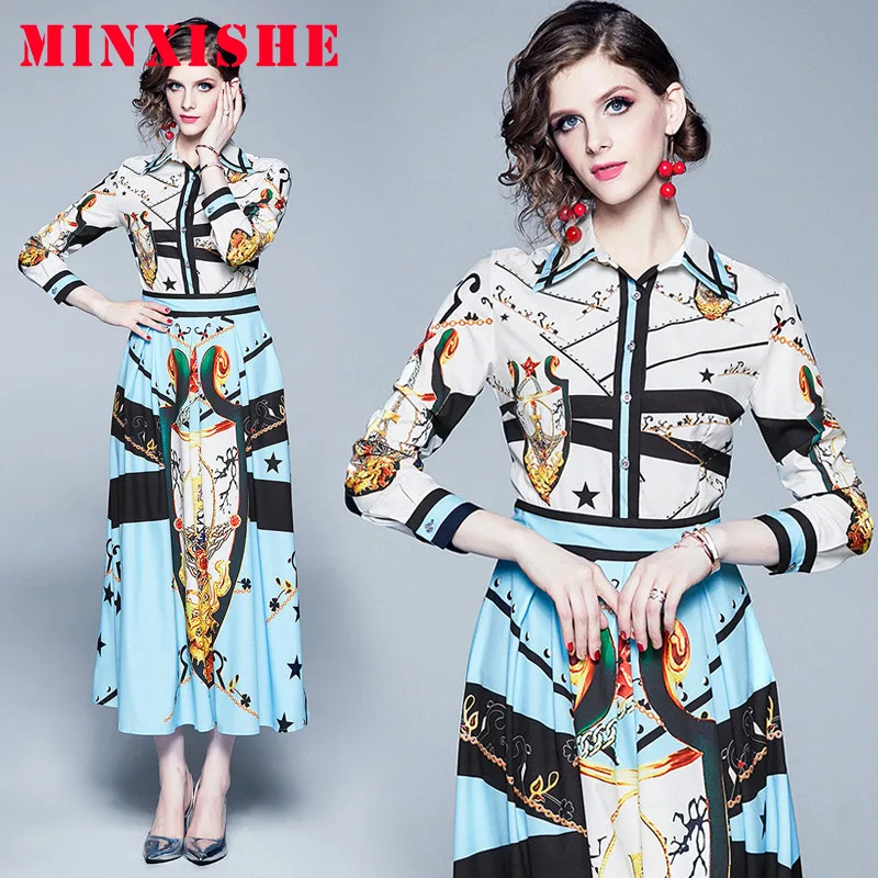 Осеннее женское платье 2019 макси с длинным рукавом Поло рубашка принтом плюс