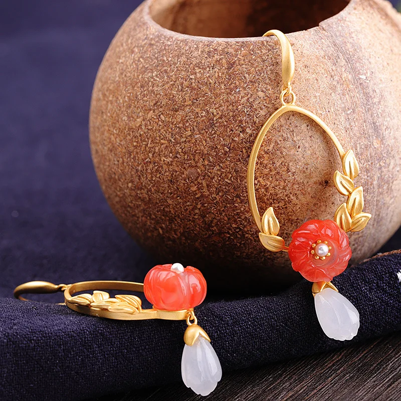 Украшения бутика KJJEAXCMY - серьги из ювелирного серебра S925 с покрытием золотом, украшенные южно-красным яшмой Хэтянь.
