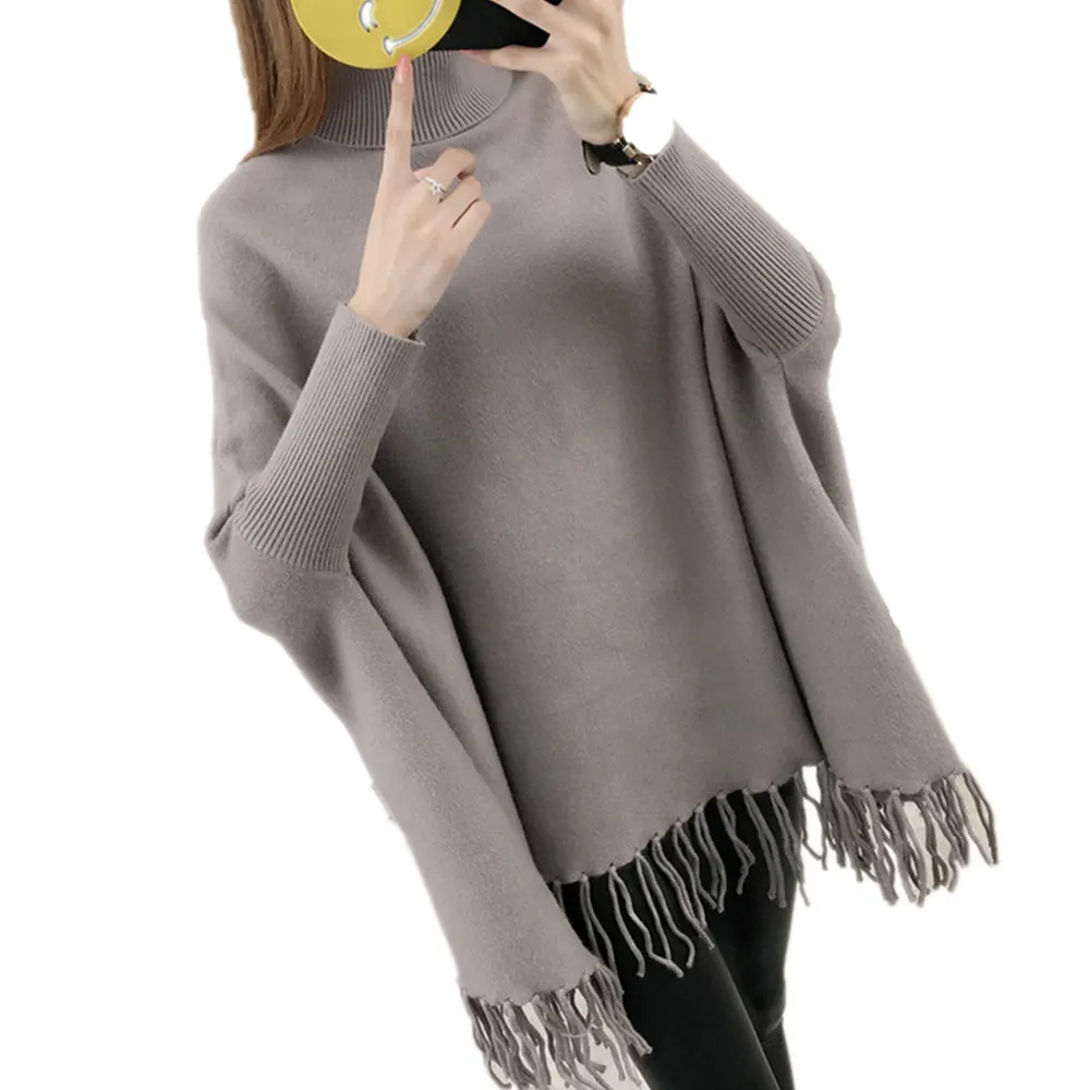 

2021 Winter Women Loose Turtleneck Sweater Overwear Coat Knitted Cotton Poncho Capes Lattice Shawl Cardigans Sweater With Tassel