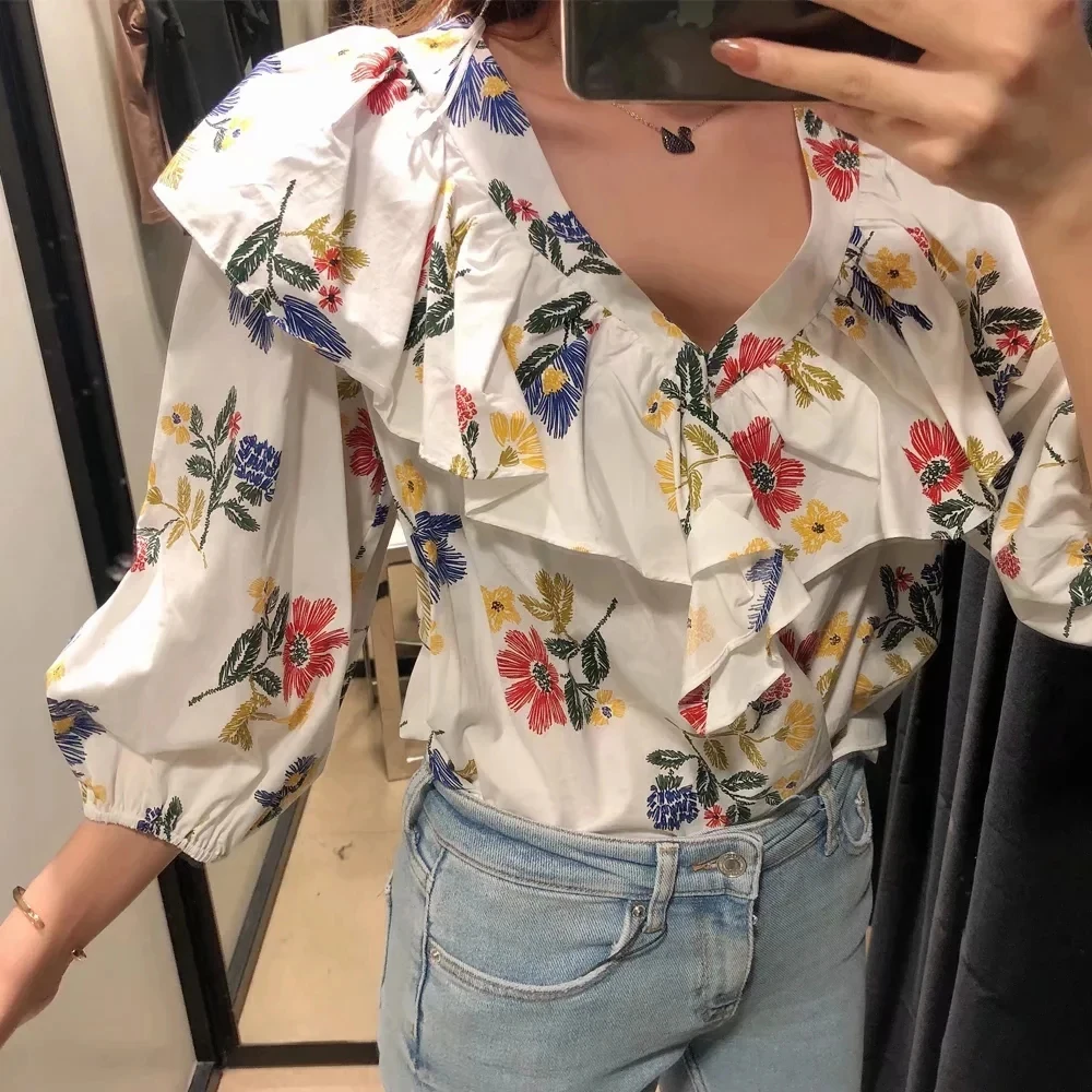 

Spring Summer Ruffles V-neck Printed Blouse Women Retro Sweet Flower Three Quarter Shirt Blusas Mujer De Moda 2020 Verano