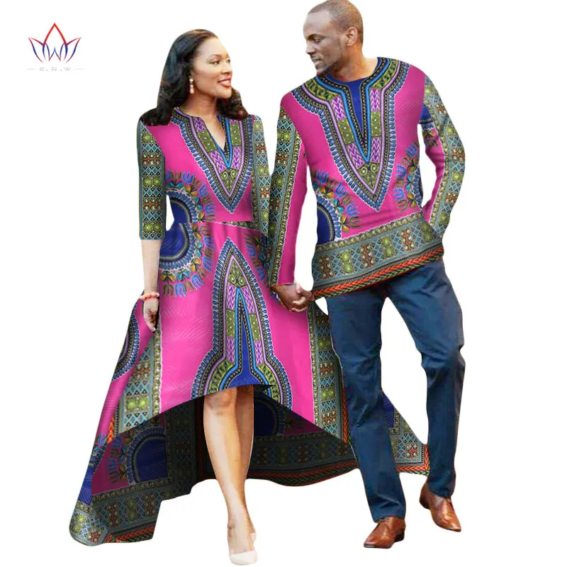 

Couple for Lovers African Dress Women Mrs Men Shirt Long Sleeve Couple Dashiki Dress 2 Pcs Set Women Dress and Men Shirt WYQ05