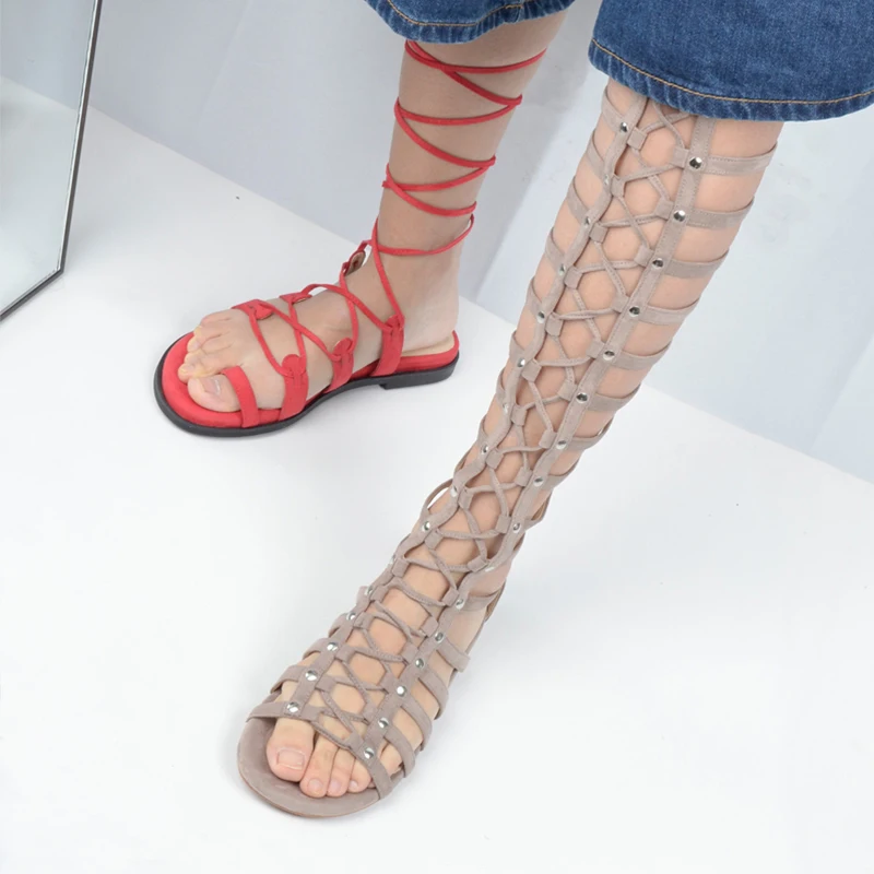 Женские сандалии-гладиаторы до колена Летние туфли на плоской подошве со