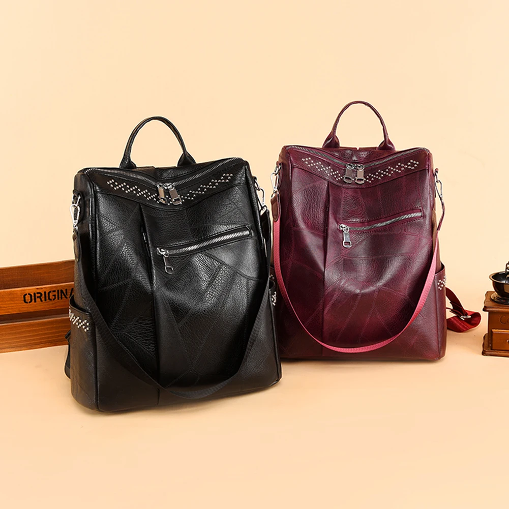 

Vintage Women PU Leather Backpack Knapsacks Ladies Preppy Style Solid Color Large Capacity Handbags for Teenage Girls School Bag