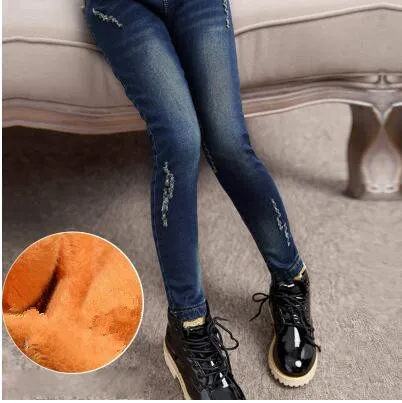 F625 fleece jeans Коллекция года, зимняя детская одежда джинсы для девочек повседневные узкие джинсы из плотного флиса для маленьких девочек, джинсы для крупных детей, длинные штаны - Цвет: F625 fleece jeans