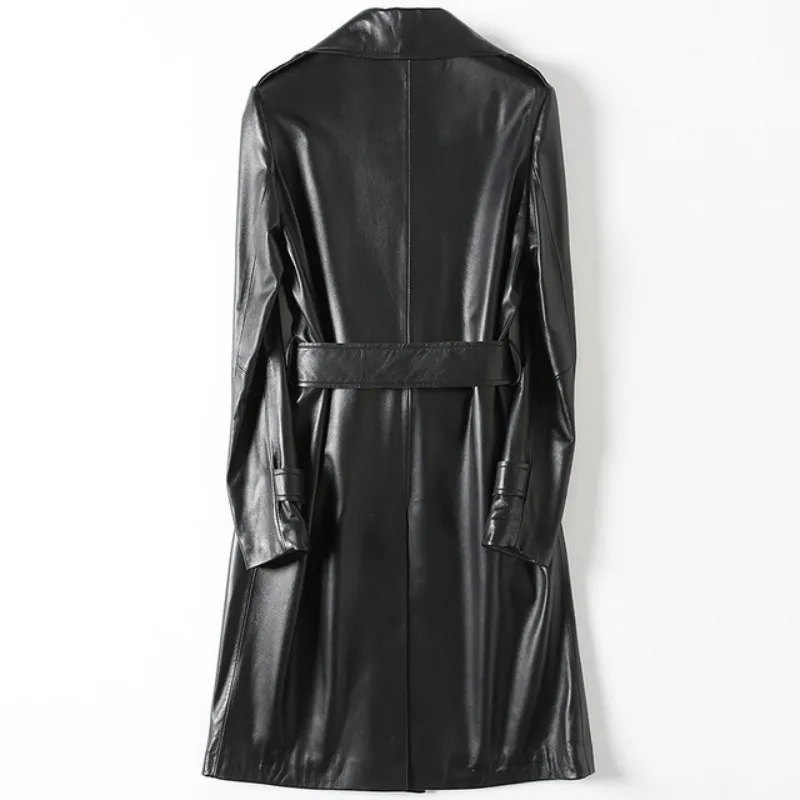 

Slim Fit Mid-Length Sheepskin Jacket Women Spring Autumn Lapel Double-Breasted Sashes Genuine Leather Coat High Quality Overcoat
