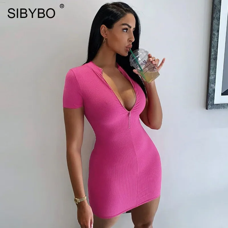 Женское хлопковое мини платье SIBYBO черное облегающее на молнии спереди с