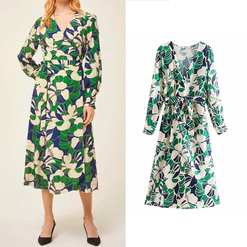 Женское платье za 2020 с геометрическим принтом и бантом до середины икры длинным