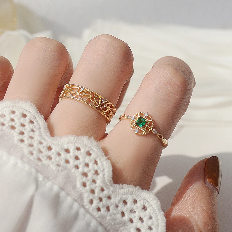 

Vintage Elegant Noble 14k Real Gold Emerald Hollow Heart Shape Rings for Women Jewelry Adjustable Open Brilliant Zirconia Party