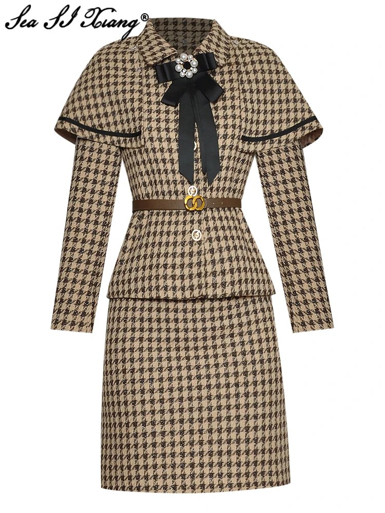 

Seasixiang Fashion Designer Autumn Suit Women Beading Bow Single Breasted Cloak Jacket+Skirt Plaid Tweed Vintage Two Pieces Set