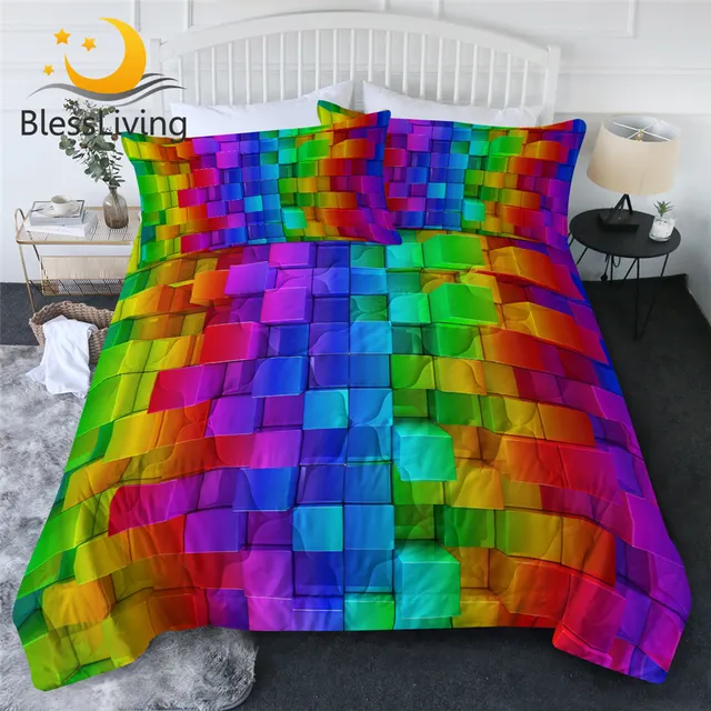 BlessLiving Blocks Comforter Set Colorful Bedding Cover Set Building Bricks Thin Duvet Geometric Bedspread Realistic Home Decor 1