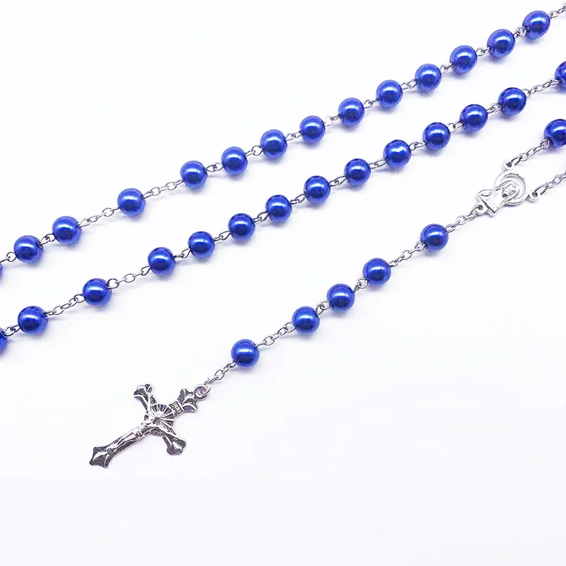 Модные 7 мм темно-синие жемчужные четки крест Мария религиозная молитва ожерелье