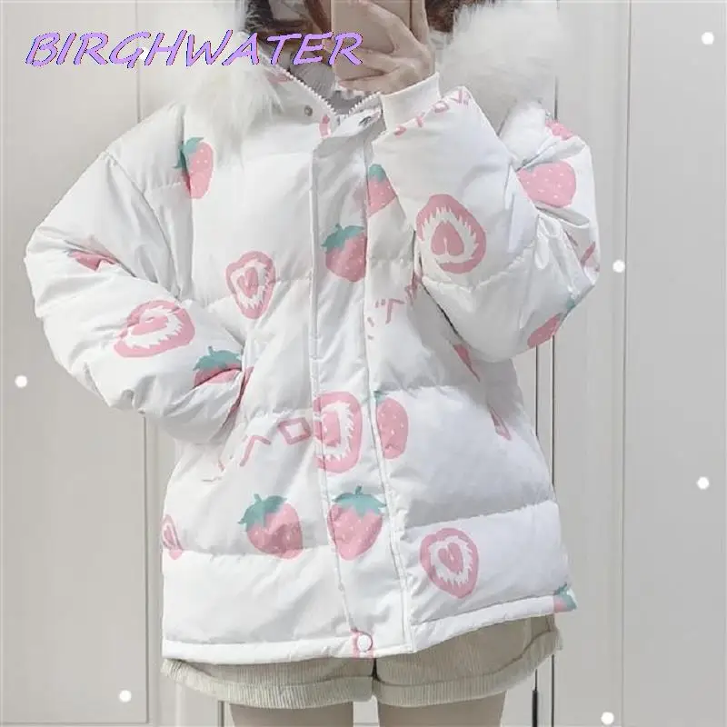 

Japanese jk cute strawberry jacket cotton thick hoodie women preppy style sweet winter zipper coats chic Harajuku warm outerwear