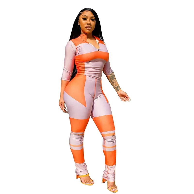 

92K20S08684 Spring and autumn slim and versatile women's wear fashion printing slim and stand collar sportswear women's wear
