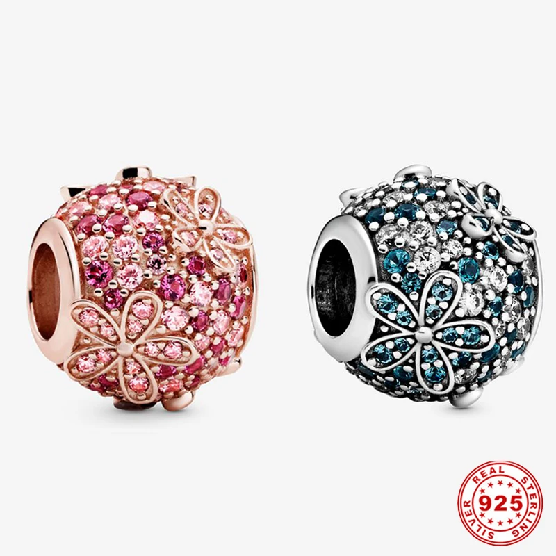 

S925 silver color Pink & Teal Pavé daisy flower charm beads with original bracelet for women luxury jewelry fit original pandora