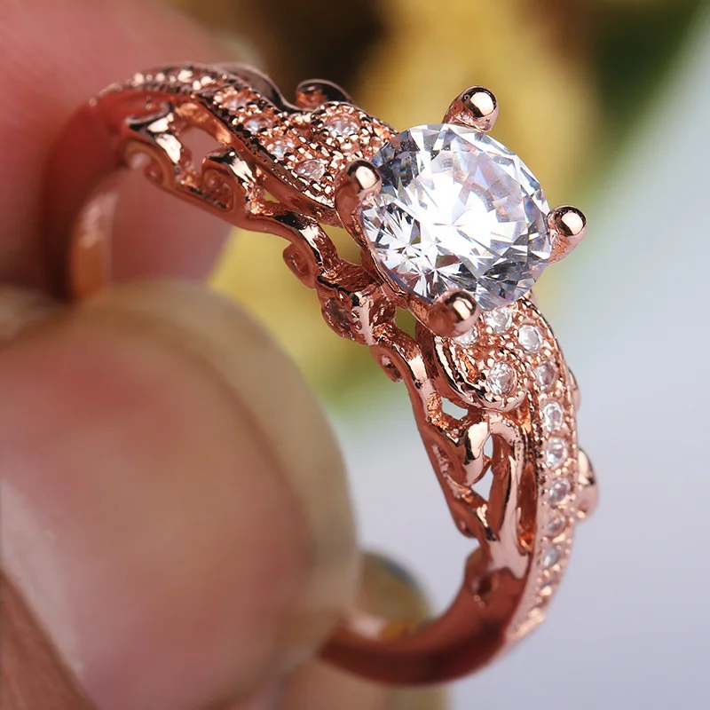 Elegant Retro Rose Gold Color Rings Four Claw Solitaire Cz Crystal Forever Wedding Ring Jewelry For Women Bands 6-10 | Украшения и