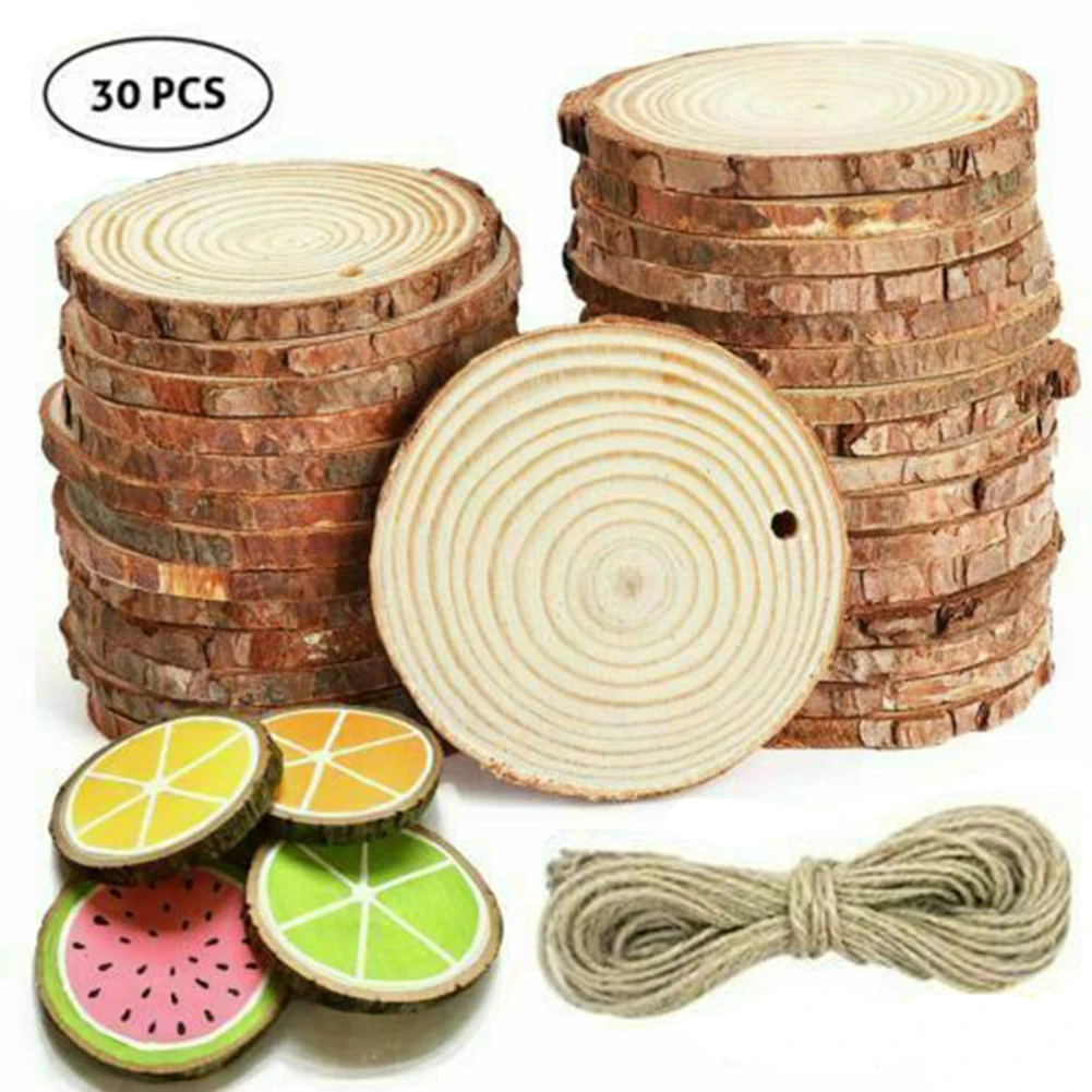 

30pcs 5-6cm Thick Natural Pine Round Unfinished Wood Slices Circles With Tree Bark Log Discs DIY Crafts Wedding Party Painting