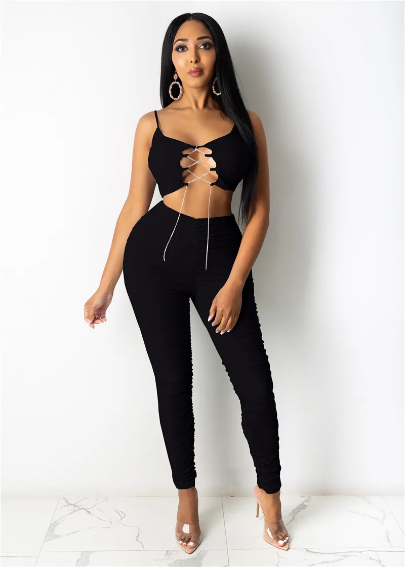 

2pcs/set Women Suits Chain Patchwork Hollow Out Tube Tops Tanks High Waist Bodycon Slim Leggings Pants Tracksuit 2021
