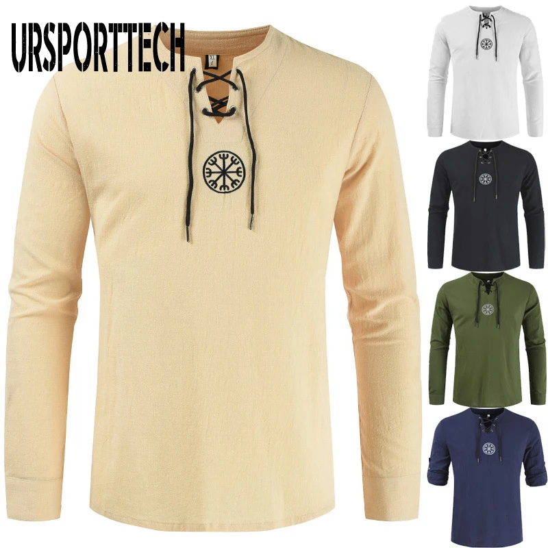 URSPORTTECH Cotton Linen Men's Shirt Top Ancient Viking Embroidery V Neck Long Sleeve Shirt Tops For Mens Clothing Plus Size 4XL