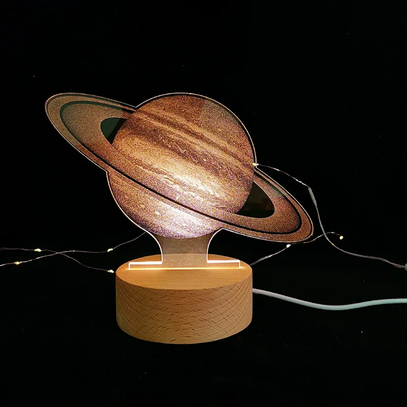 

Factory Direct Sales Moon Light Creative 3D Small Night Lamp Acrylic Saturn Solid Wood Base Led Table Lamp Gift Wholesale