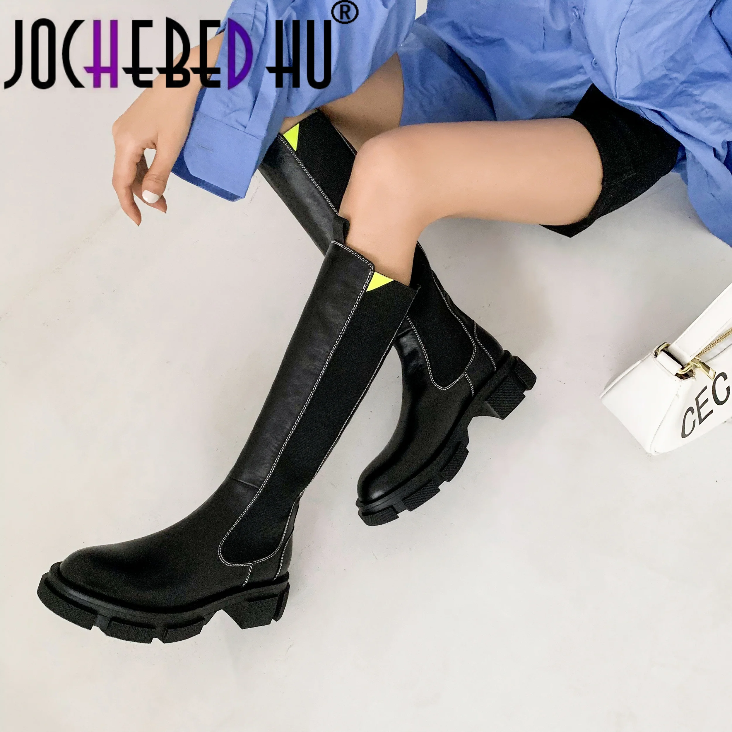 

【JOCHEBED HU】Knee высокие сапоги женская обувь из натуральной кожи на платформе; Сапоги в жокейском стиле на молнии; Женские ботинки с высоким гол...