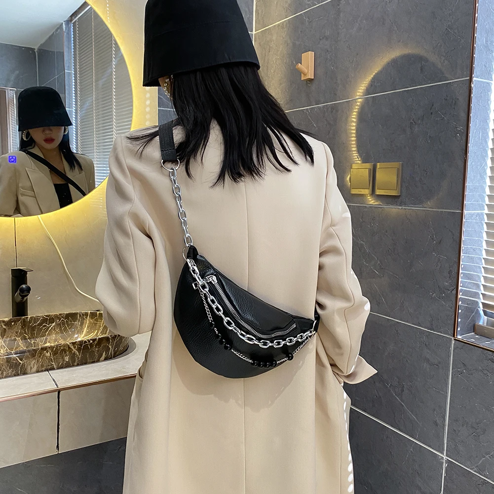 

Women Solid Color Fanny Waist Packs Fashion PU Leather Beaded Chain Ladies Chest Bag Zipper Messenger Pouch Female Phone Purses