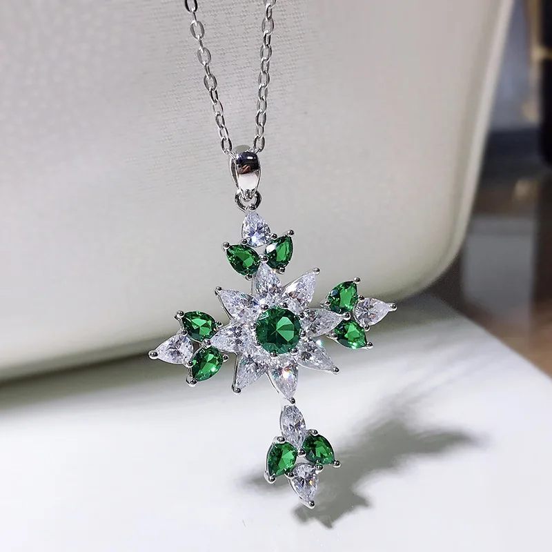 Luxury 100% S925 Sterling Silver Cross Green High Carbon Diamond Necklaces For Women Wedding Party Fine Jewelry Gifts 40+5cm