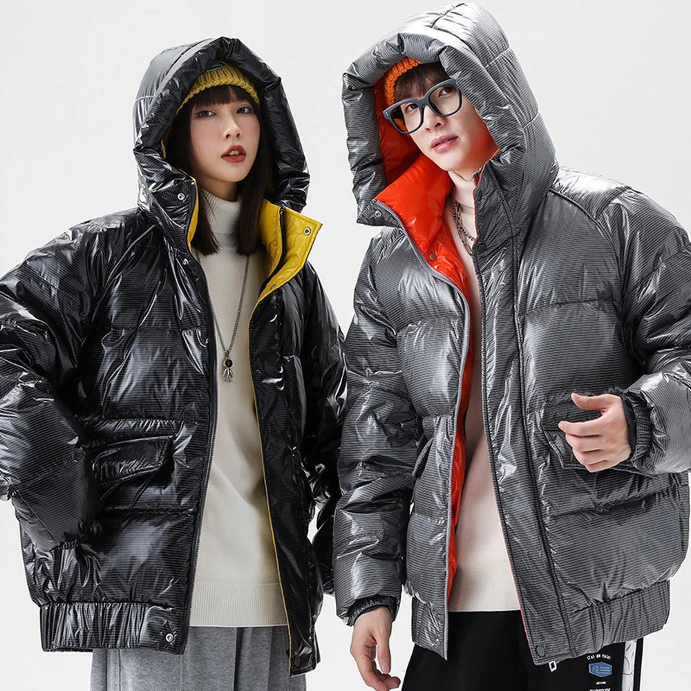 Covrlge Men Brand Winter Hooded Thick Warm Duck Down Jacket Solid Color Trend Loose Shiny Warm Coat Couples Streetwear MWY041