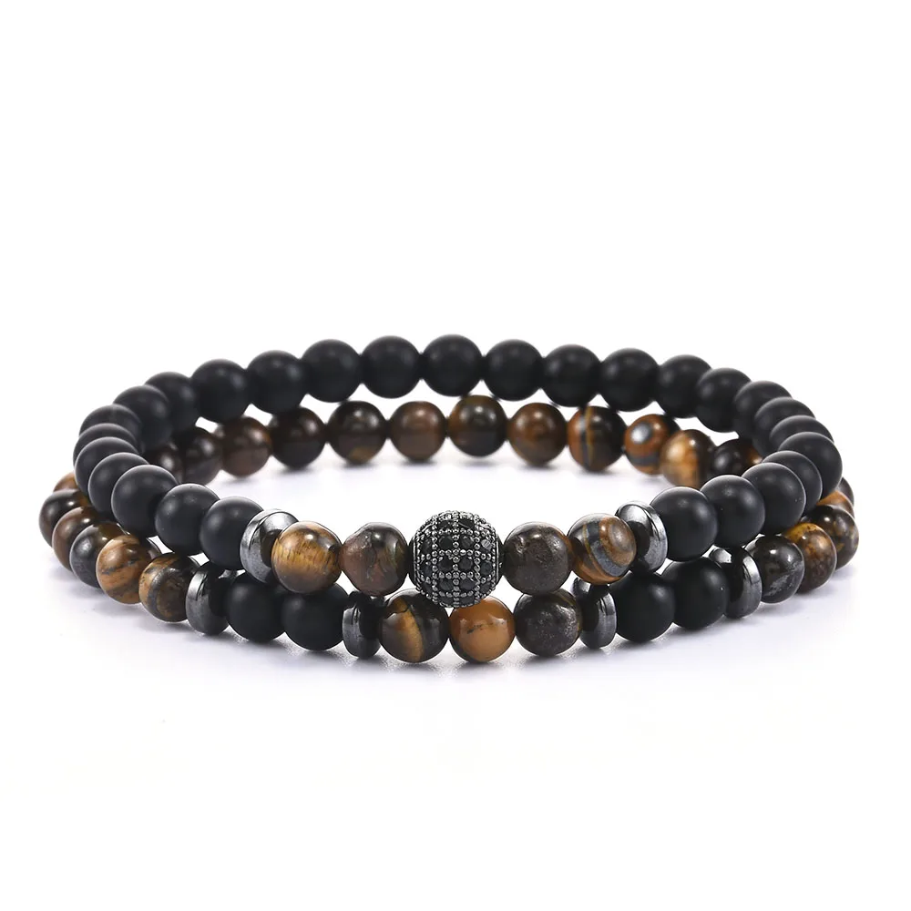 

2Pcs Men Natural Stone Bracelet 6mm Tiger Eye Beaded Elastic Yoga Jewelry Gifts Charm Bracelet