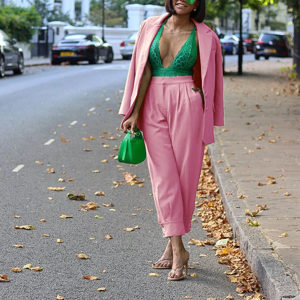 

2021 Autumn Winter New Fashion Women Two-piece Suit Solid Color Temperament Long Sleeve Lapel High Waist Womens Suits