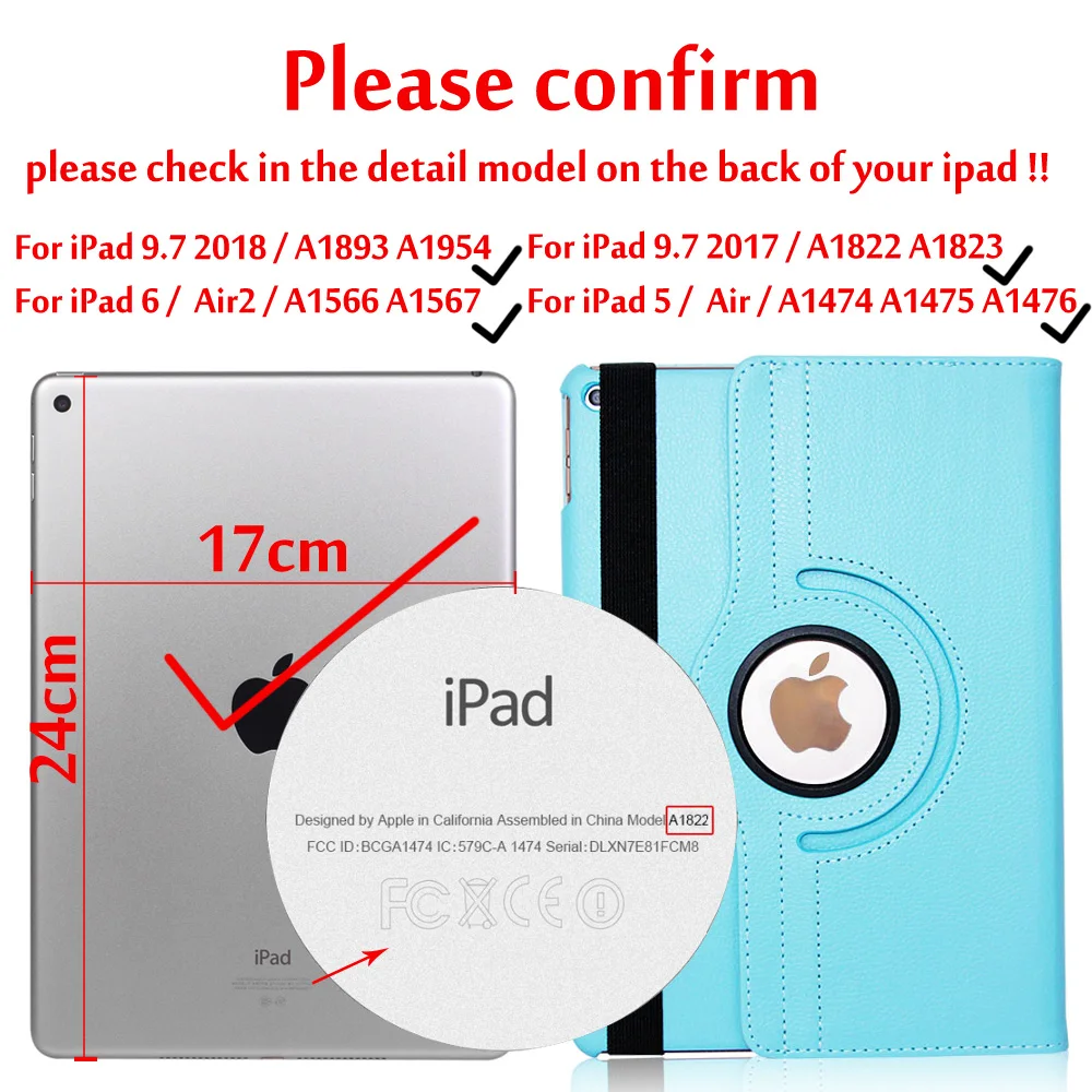 Sky Blue Чехол для iPad 9,7,,, Чехол для iPad Air 2, Air 1, чехол, 5, 6, 5, 6, 6 поколение, чехол, вращающийся на 360 градусов, кожаный смарт-чехол - Цвет: Sky Blue