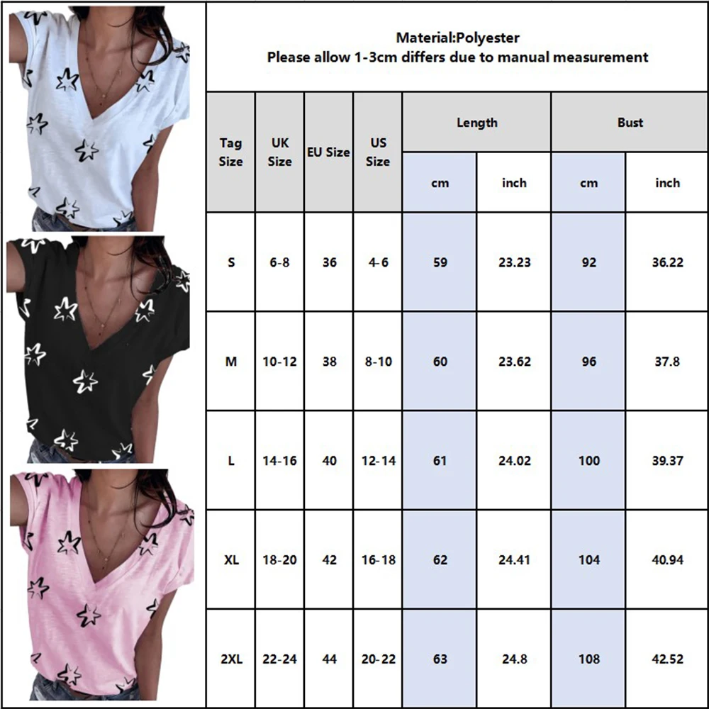 

Ladies T shirt Star Printed Short-Sleeved Summer V Neck Casual Women's T-Shirt Tops Basic Loose Tee Shirt Female Blusas New D30