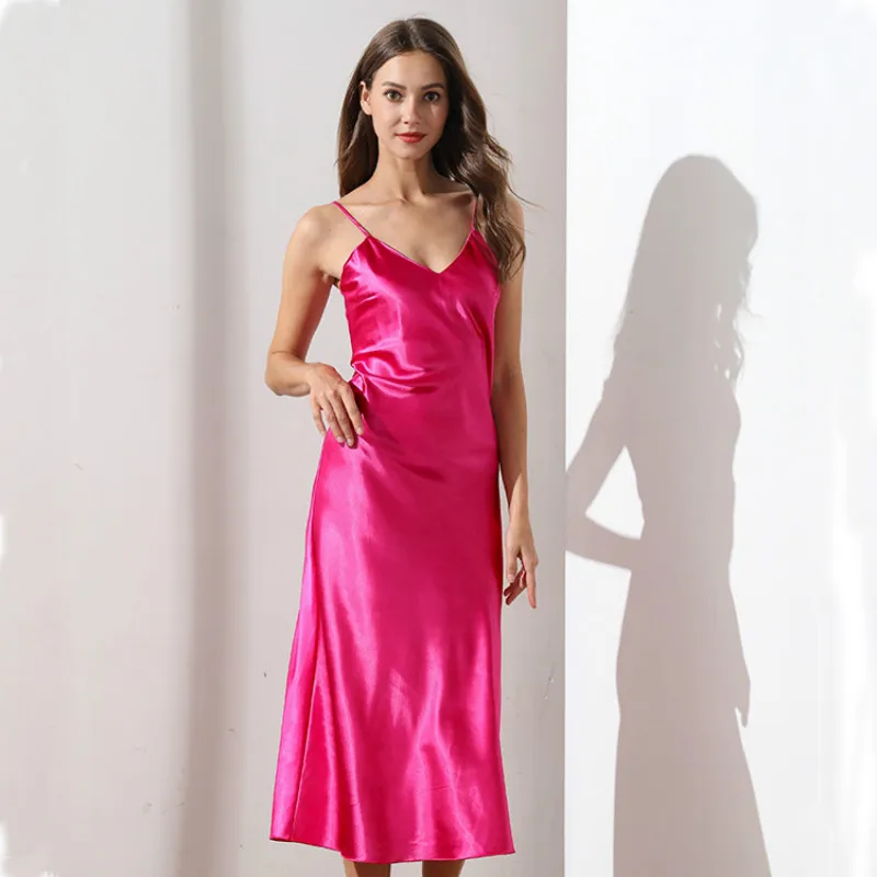 

Sling Satin Silk Nightdress Ladies V-neck Sexy Long Felmale Night Dress Home Wear Elegance Comfortable Skin Friendly
