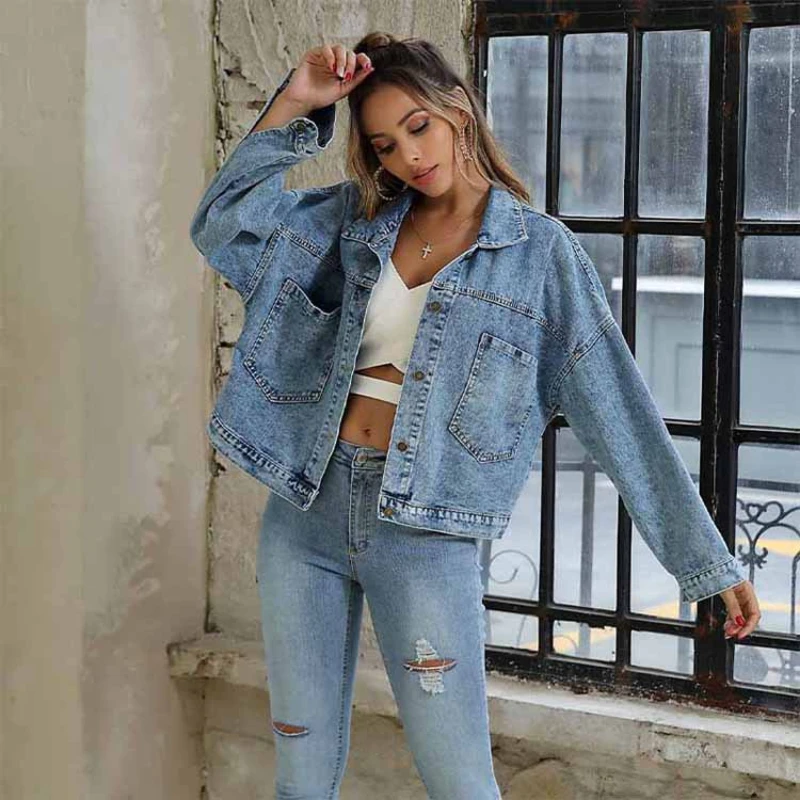 

2021 New Arrival Autum Winter Streetwear Women Retro Hot Drill Denim Jacket Hip Pip Loose Jeans Jacket In Bulk
