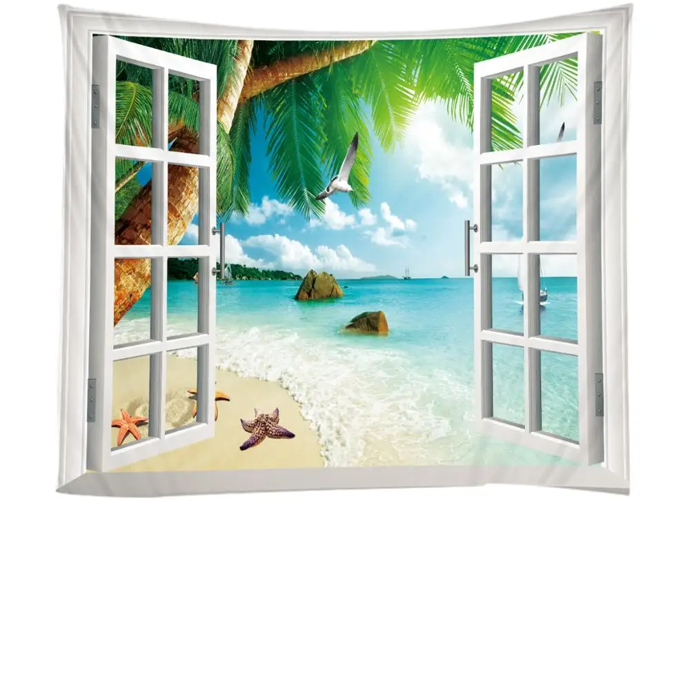 

Outside the window beach scenery background tapestry decorative cloth factory direct sales can be customized