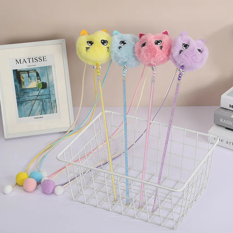 

Plush Ball Cat Toys Teaser Stick Interactive Toy With Bells Metal Bells Transparent Handle Playing Chew Pet Products