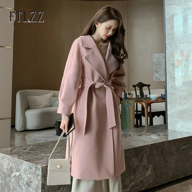 Винтажное шерстяное пальто с отложным воротником женское тонкое поясом длинные