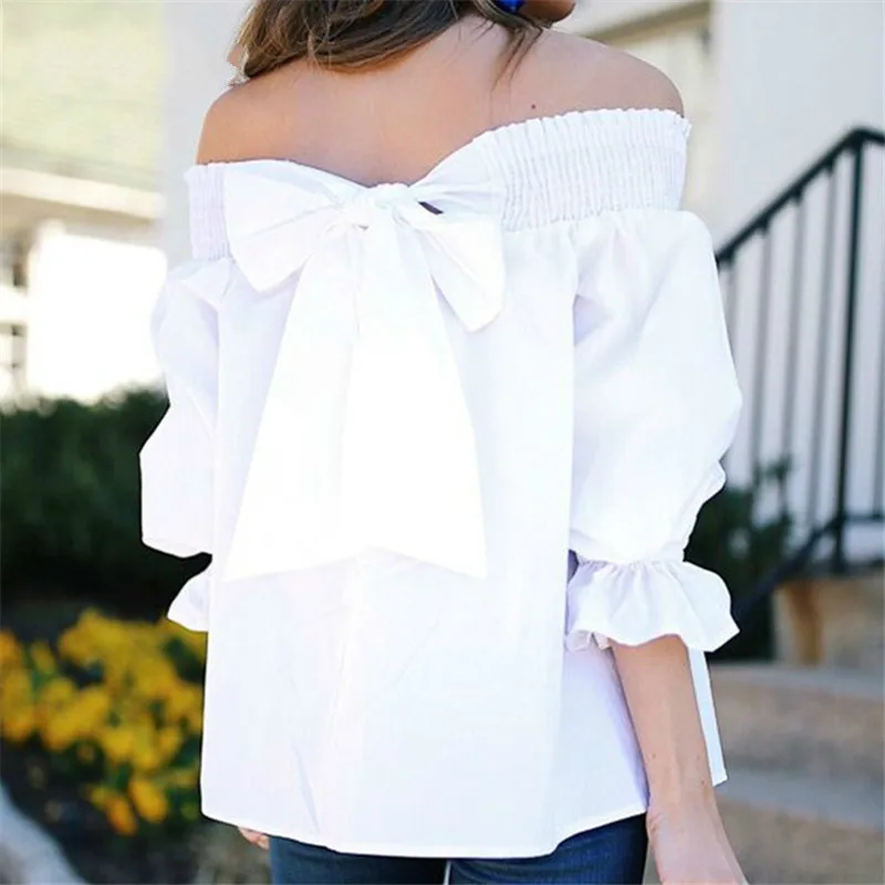 

Summer T Shirt Loose Fashion Style Women T-Shirt Slash Neck Flare Sleeve T-shirts Casual Solid Clothes T Shirts