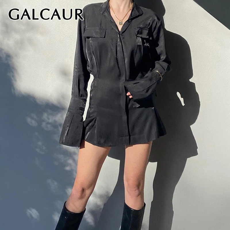 

GALCAUR Sexy Dress For Women Lapel Flare Long Sleeve High Waist Sheath Patchwork Pockets Ruched Mini Dresses Female 2021 Clothes