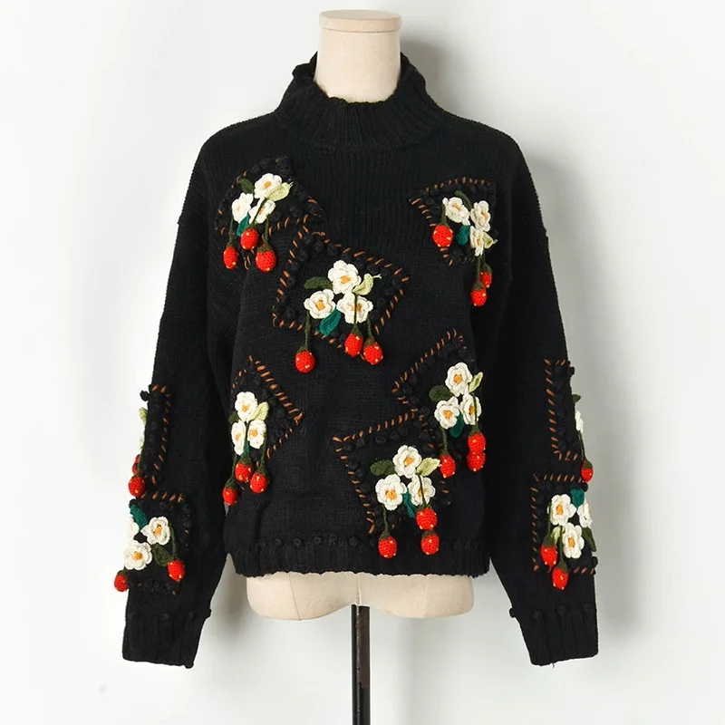 

Autumn Spring Hand Hook Three-dimensional Flower Fruit Thick Needle Loose Lazy Knitted Sweater Pullover Women Tops TA91003