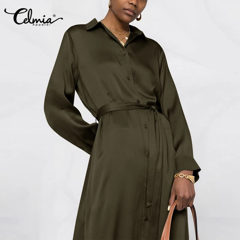 Celmia 2022 Summer Women Lightweight Belted Satin Midi Dress Casual Long Sleeve Shirt Dress Summer Elegant Lapel Slit Vestidos