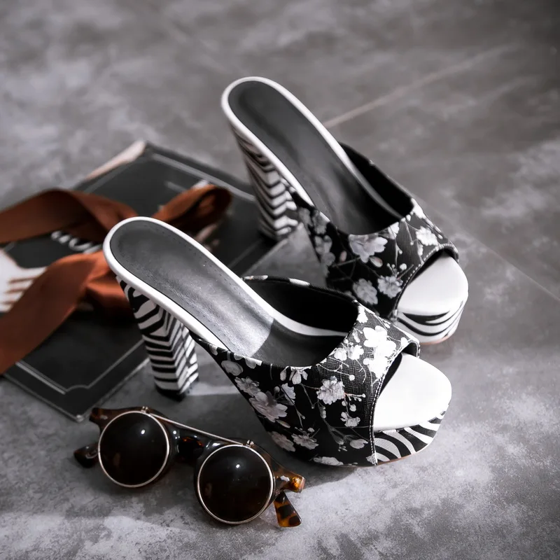 

New Arrivals High Heels Women Slippers Peep Toe Print With Platforms Female Slides Fashion Women's Summer Shoes Plus Size 43