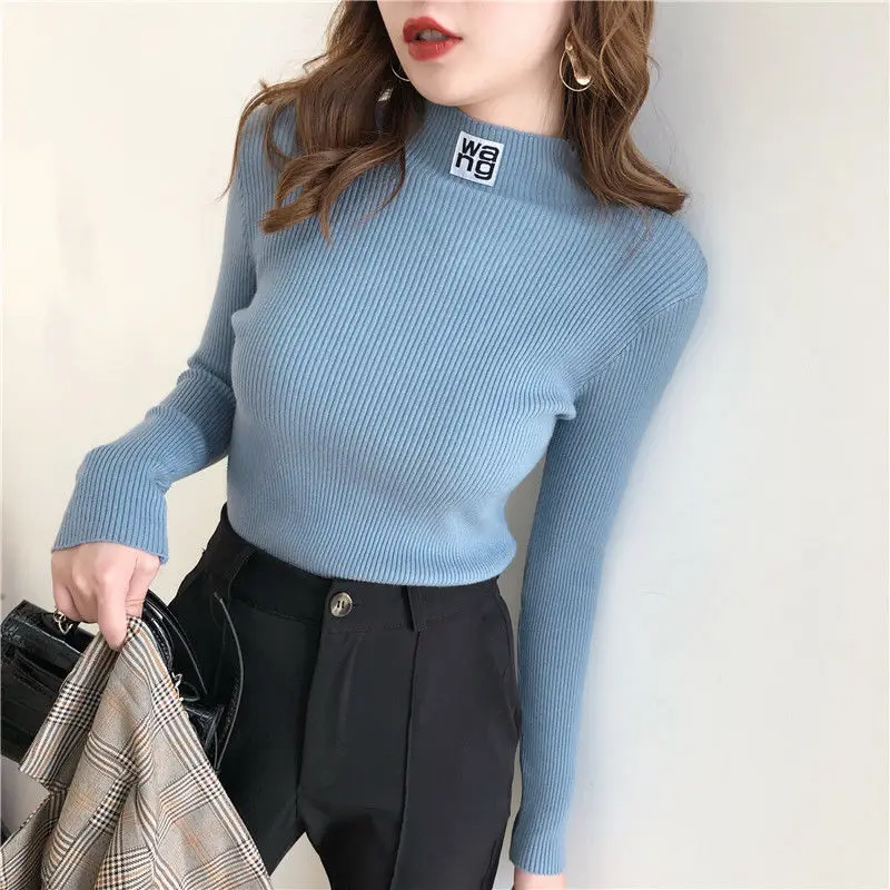 

Осенне-зимний женский тонкий вязаный свитер, повседневный мягкий джемпер с высоким воротником и аппликацией букв, Модный женский эластичны...