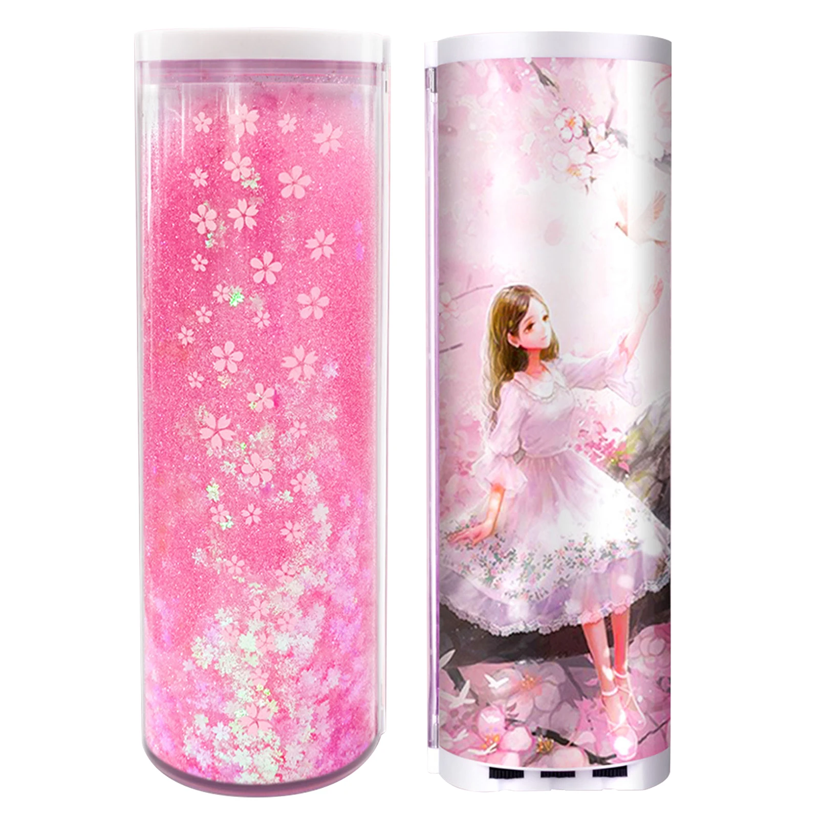 

Liquid Quicksand Stationery Box Translucent Multi Functional Case with Mechanical Lock Cylindrical School Pen Organizer Bags