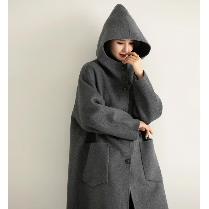 

Korean double faced wool coat medium long 2021 women's sweet loose large cashmere coat