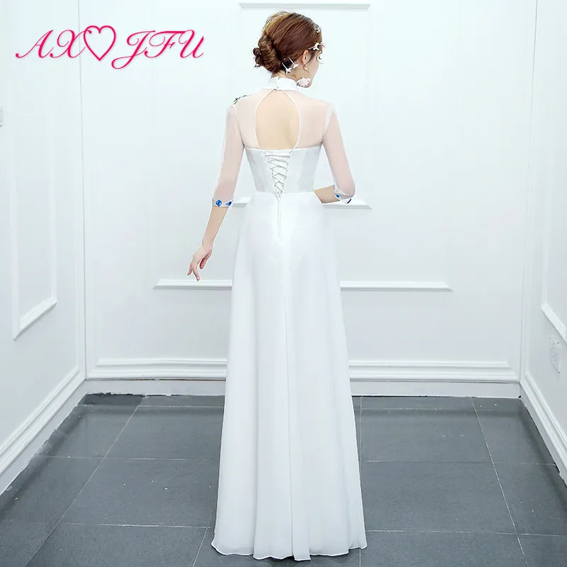 

AXJFU luxury white chiffon flower evening dress vintage high neck half sleeve embroidery flower illusion white evening dress