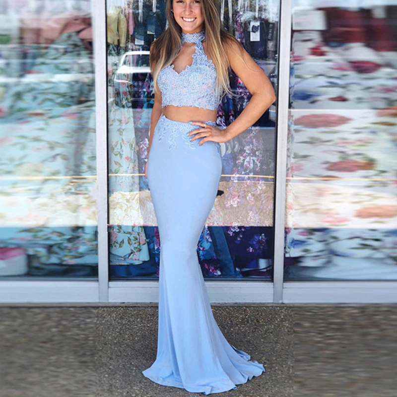 

Two Pieces Prom Dresses High Neck Appliques Beaded Lace Up Back Mermaid Evening Gowns Chiffon Girl Party Dress for Gruduation